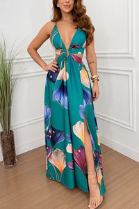 Seinah Floral Print Cutout Waist Open Back Lace Up Slit Maxi Dress