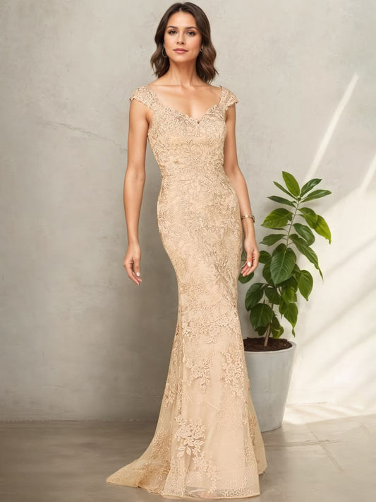 Elegant Lace Cap Sleeves Long Mother Of The Bride Dress