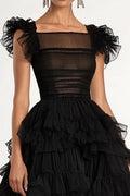 Black A Line Flatter Sleeves Ruffles Tulle Tea Length Formal Dress