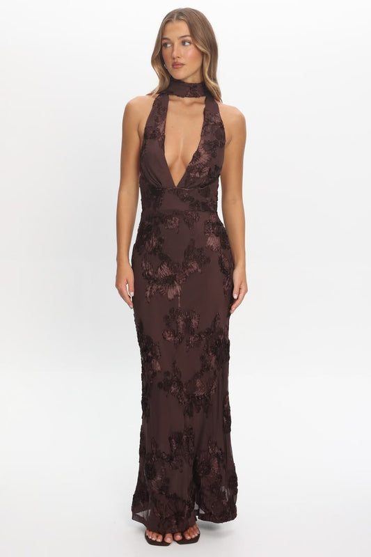 Cipriana Backless Halter Maxi Dress Embellished Brown
