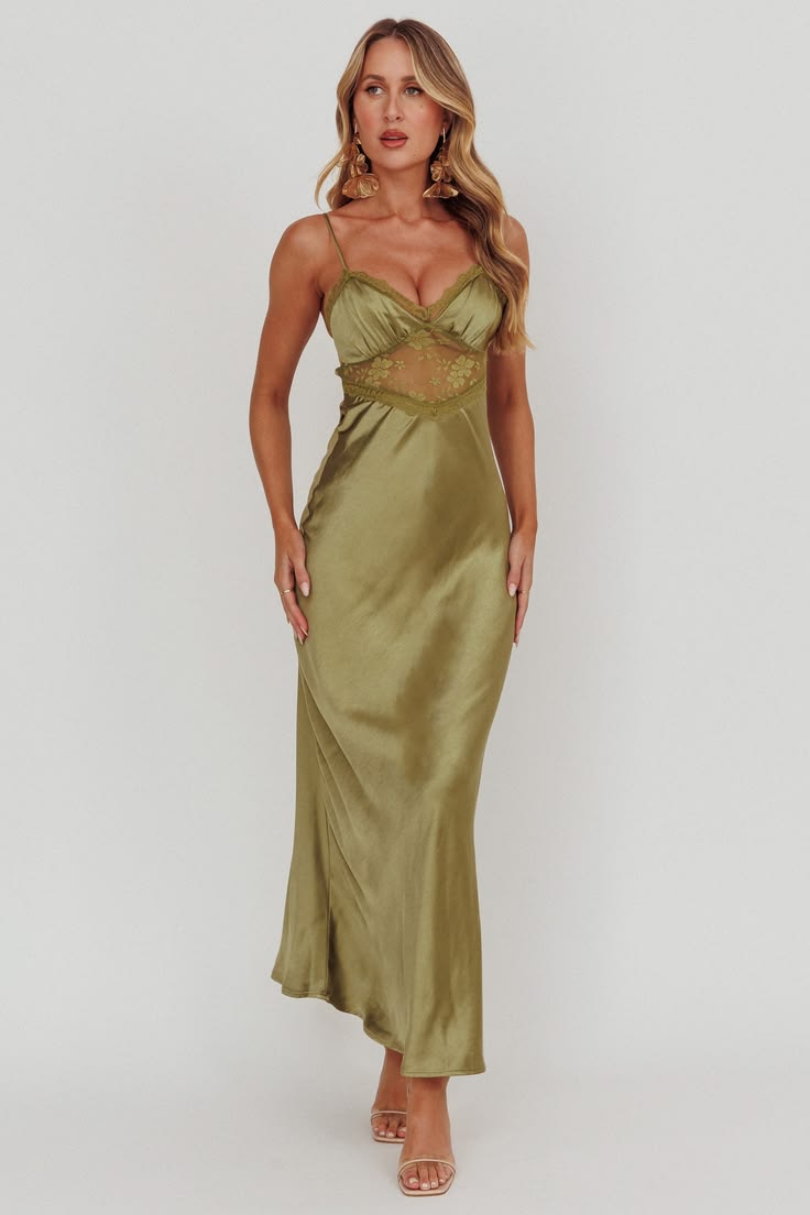 Her Theory Lace Trim Maxi Dress Olive