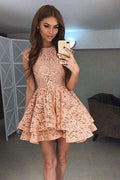 A Line Round Neck Mini Prom Cute Lace Short Homecoming Dress