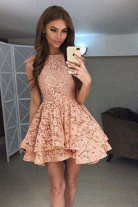 A Line Round Neck Mini Prom Cute Lace Short Homecoming Dress