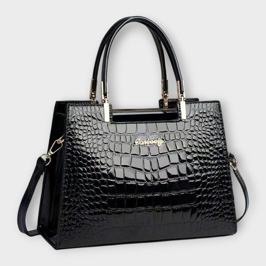 Olivia - Glossy Crocodile Pattern Handbag Black