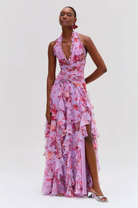 Noveify Floral Halter Neck Ruffle Maxi Dress Shop