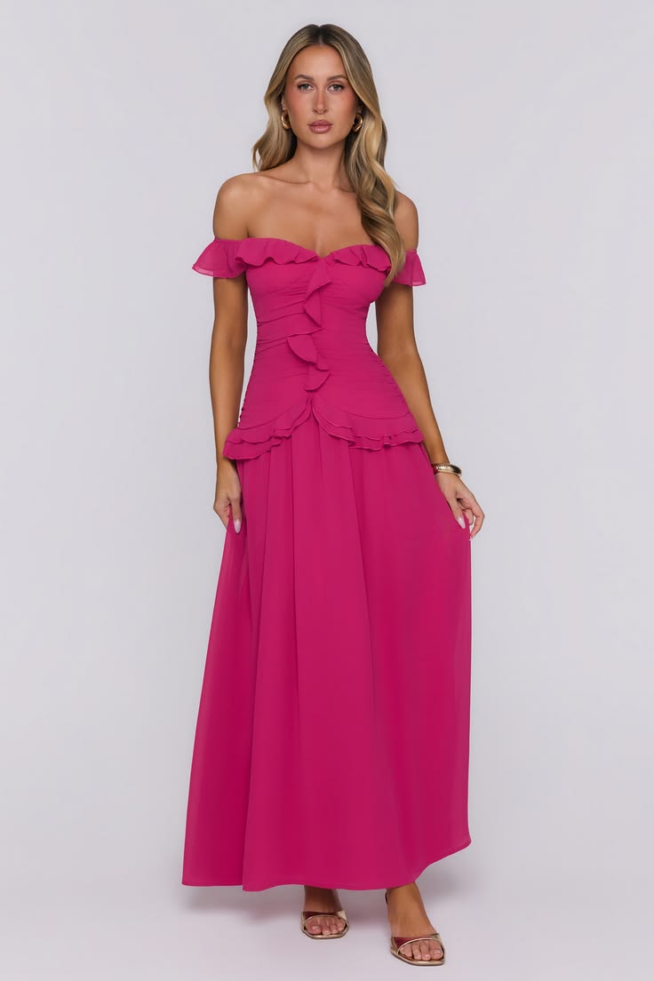 Dewy Glow Off Shoulder Maxi Dress Magenta XS Pink
