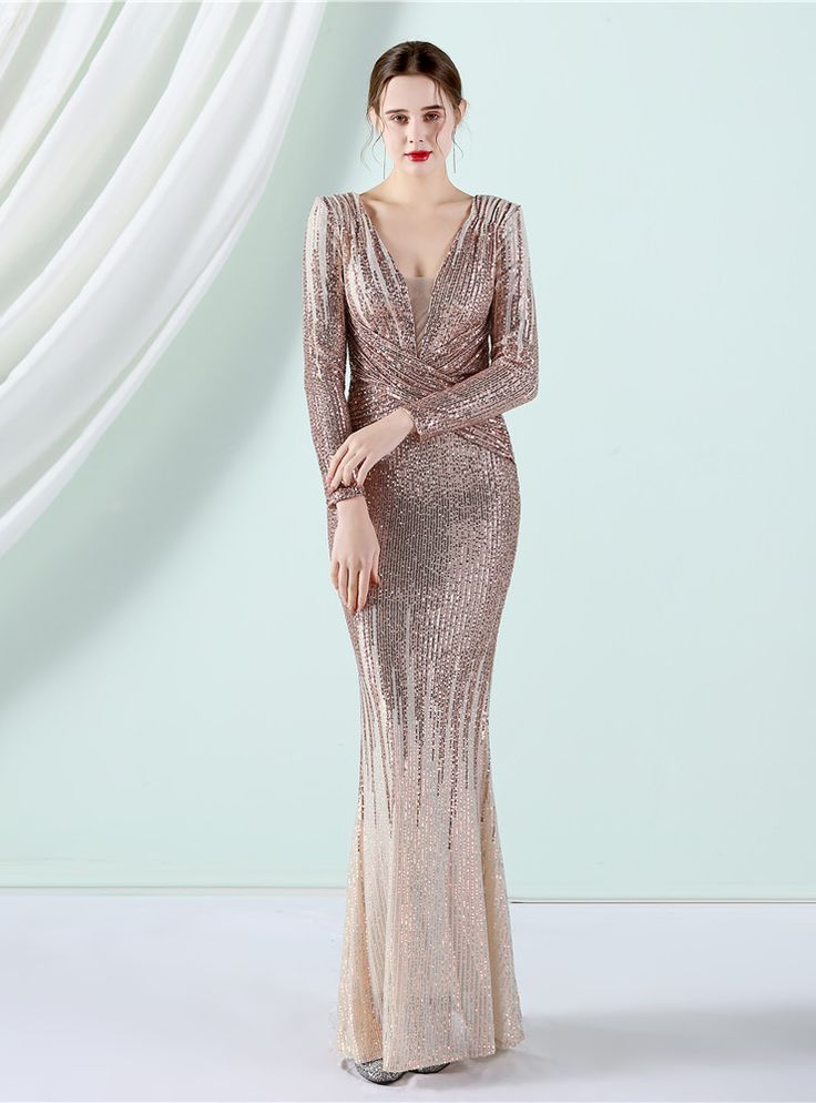 In Stock:Ship In 48 Hours Gold Long Sleeve Sequins Party Dress