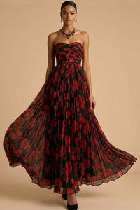 Black Red Floral Pleated A Line Long Wedding Guest Dress