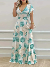 Plus Size Floral Print V Neck Maxi Dress With Flutter Sleeves