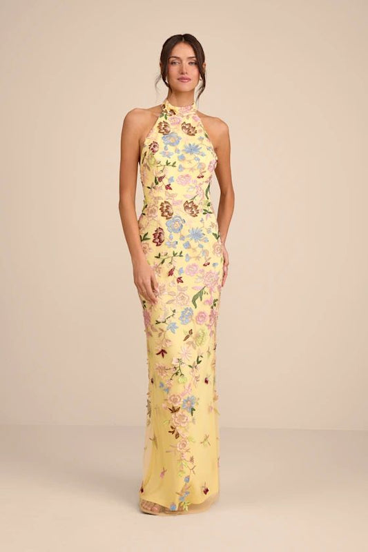 Infinite Praise Yellow 3D Floral Embroidered Halter Maxi Dress