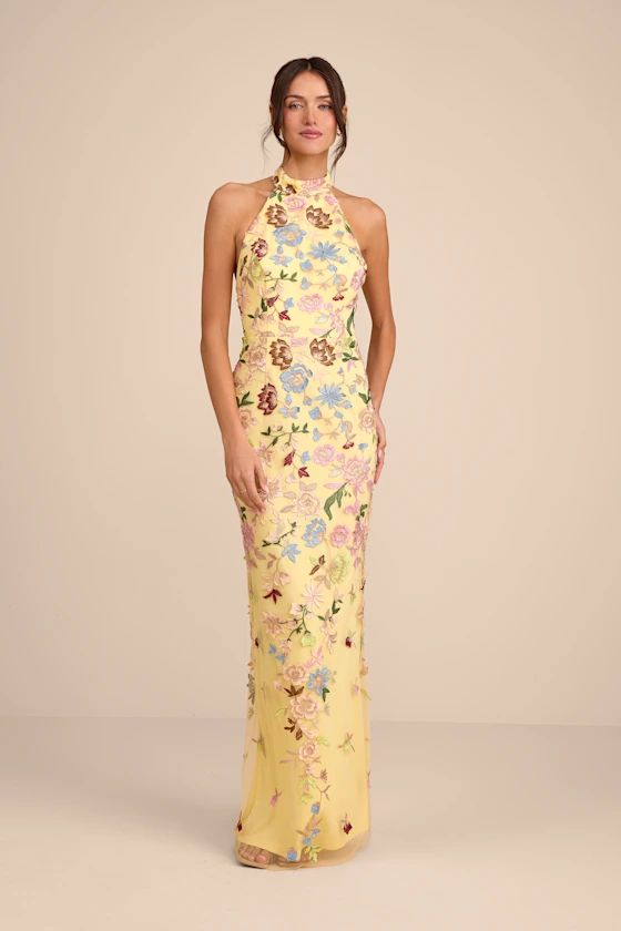 Infinite Praise Yellow 3D Floral Embroidered Halter Maxi Dress