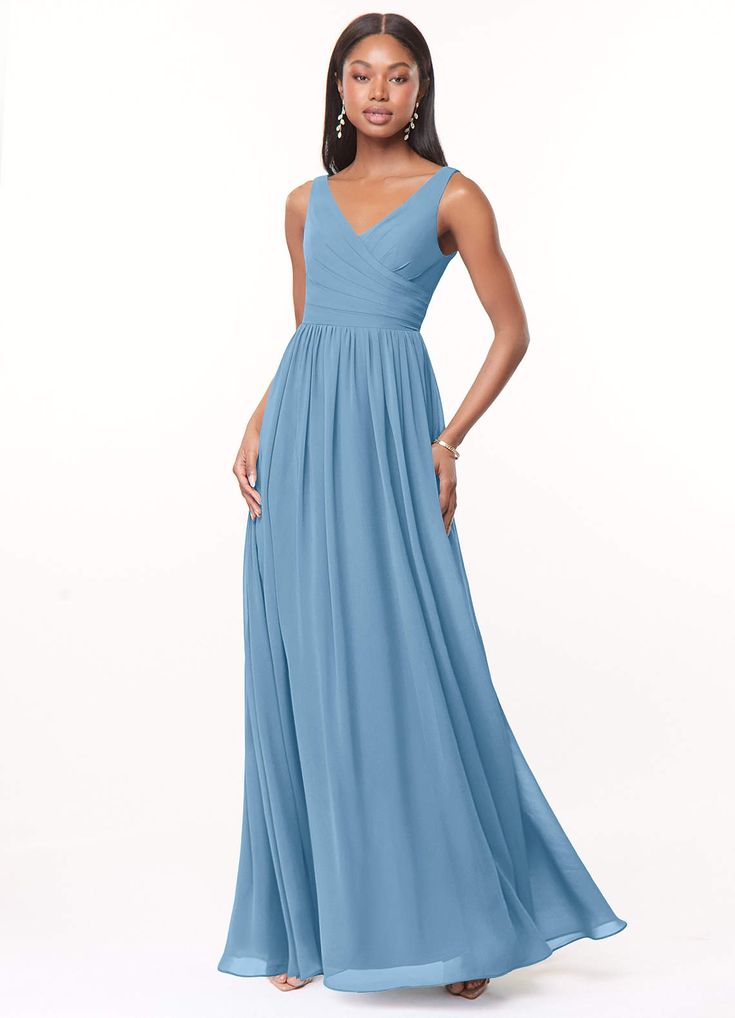 A Line V Neck Floor Length Chiffon Bridesmaid Dress Steel Blue