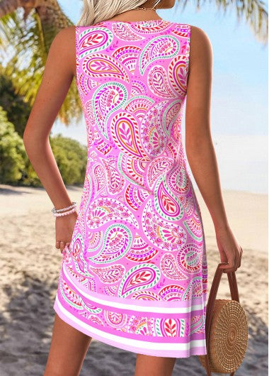 Pink Tummy Coverage Tribal Print Short Sleeveless Dress