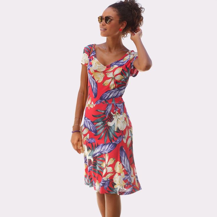 Women's Pattern V-Neck Dress - LASCANA - Red Multi Floral 4