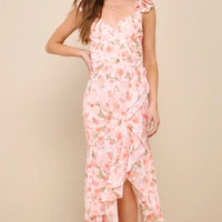 Dress New Darling Glow Peach Pink Floral Ruffled High Low Maxi Dress M