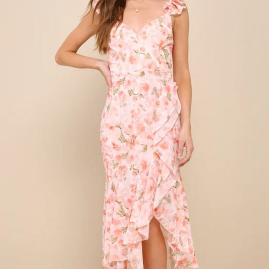 Dress New Darling Glow Peach Pink Floral Ruffled High Low Maxi Dress M