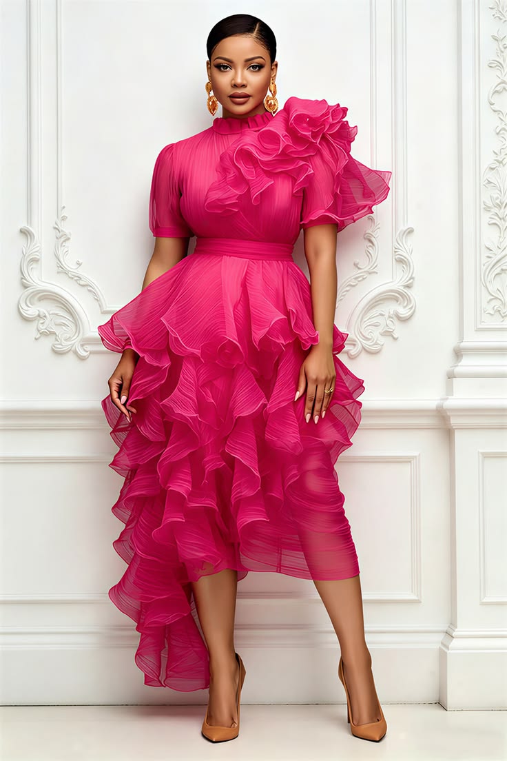 Xpluswear Design Plus Size Cocktail Party Hot Pink Round Neck Short