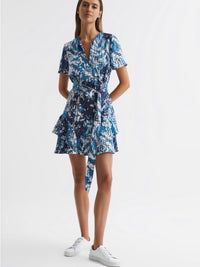 Reiss Dress Reiss Blue And White Printed Short Wrap Dress With Tie