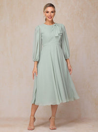Long Sleeves A Line Tea Length Chiffon Mother Of The Bride Dress,