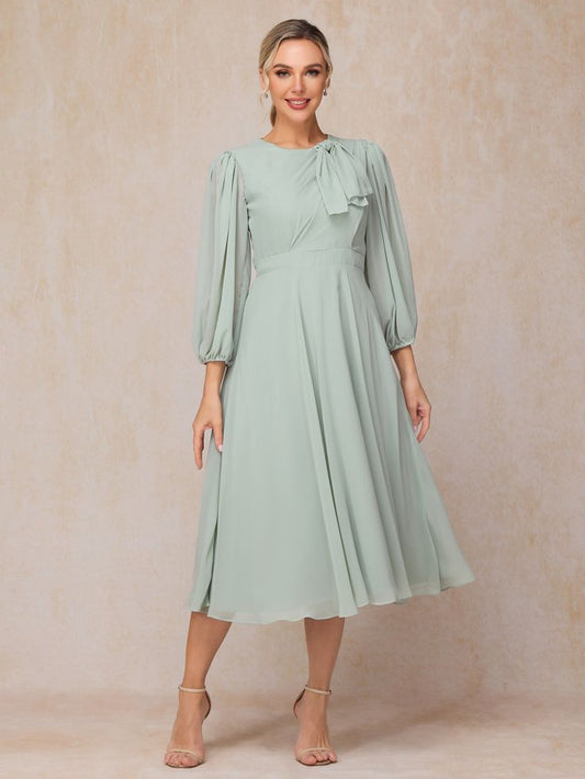 Long Sleeves A Line Tea Length Chiffon Mother Of The Bride Dress,