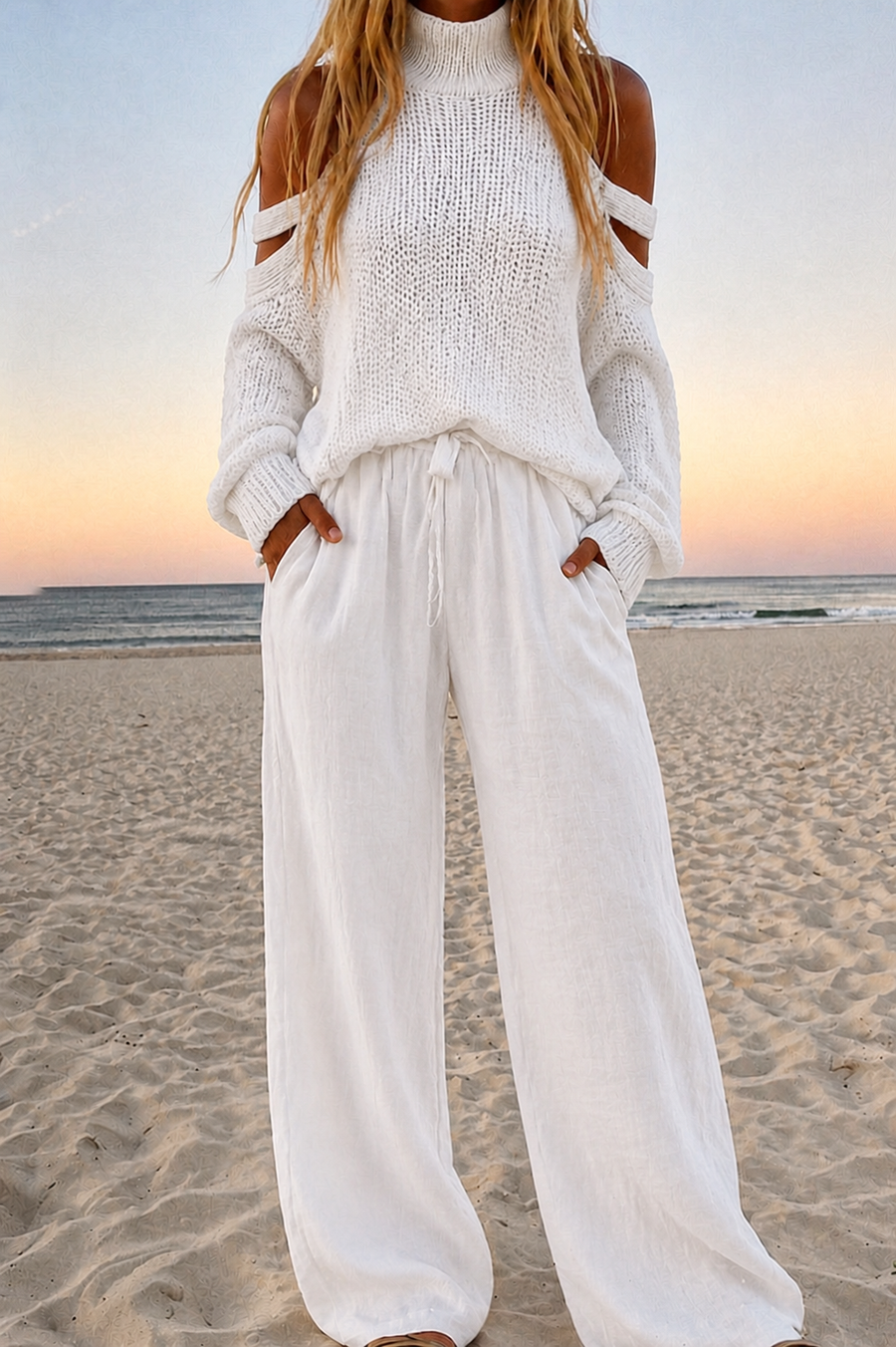 Zafira – Modern Menorca Knit Top and Wide-Leg Trouser Set