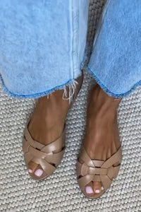Antonella – Woven Faux Leather Peep-Toe Ballet Flats with Cross Straps
