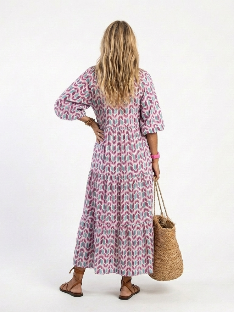 Clementine – Geometric Print Long Sleeve Tiered Midi Dress