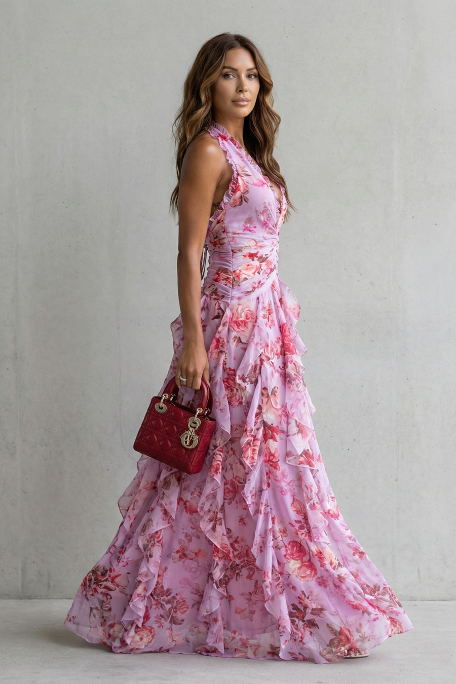 Bella - Romantic Rose Halter Maxi Dress