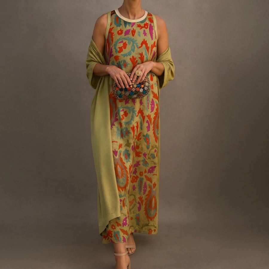 Daniella - Long Printed Dress with Coordinated Waistcoat