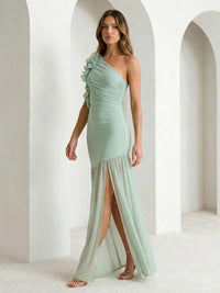 Sage Green One Shoulder Maxi Dress Prom Dress with 3D Flower
