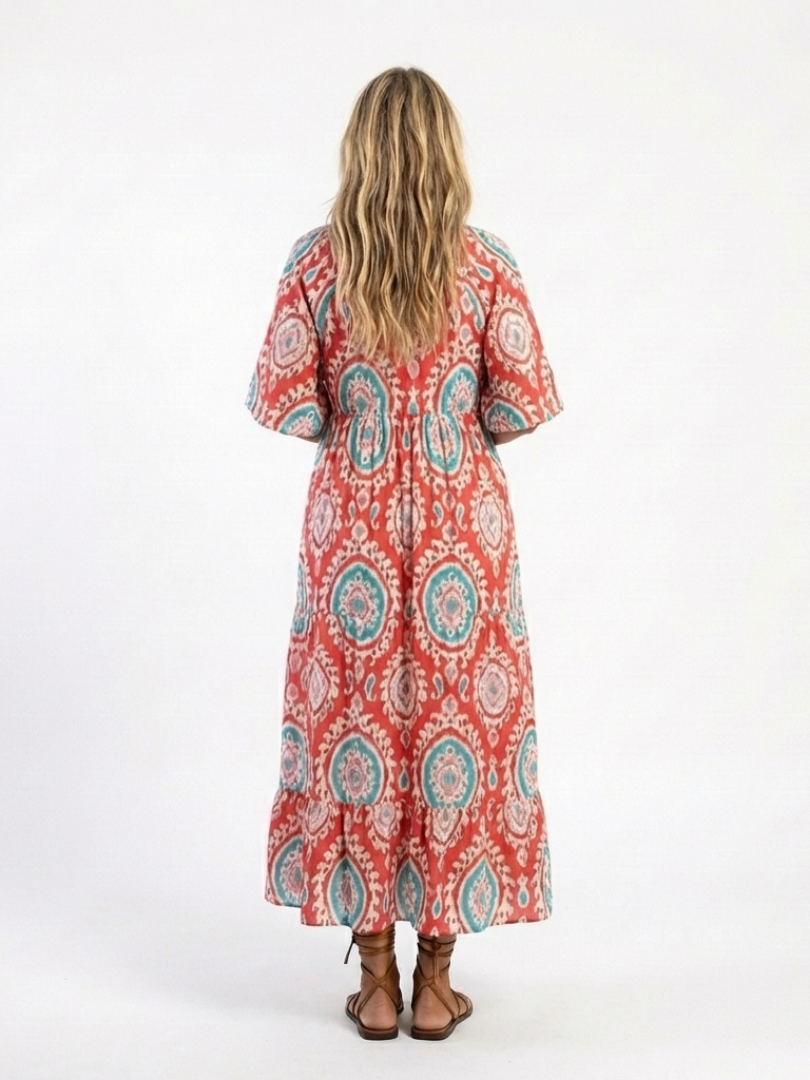 Bella – Paisley Print V-Neck Short Sleeve Midi Dress