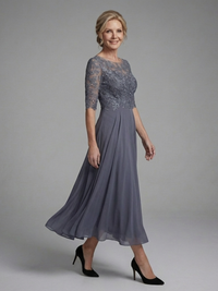 Birdie - Midi Dress with Lace Body and Sheer Sleeves