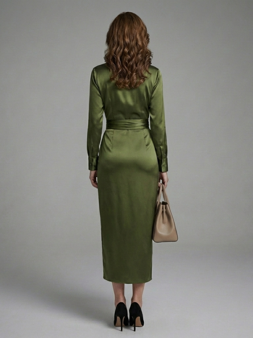 Ember - Long-Sleeved Wrap Midi Dress with Collar