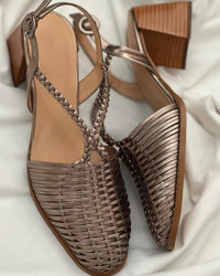 Henrietta – Champagne Metallic Woven Strappy Block Heels