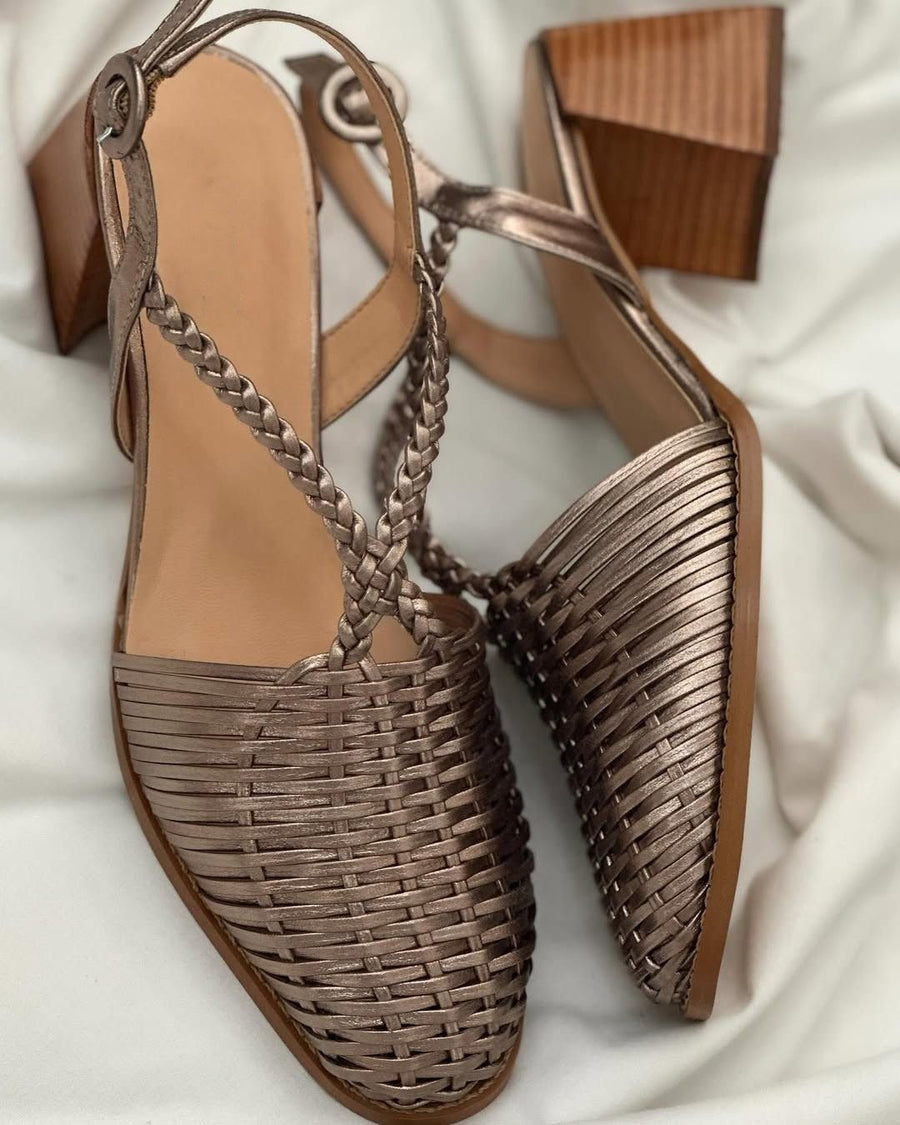 Henrietta – Champagne Metallic Woven Strappy Block Heels
