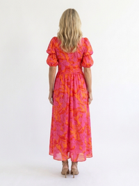 Robyn – Floral V-Neck Midi Dress with Puff Sleeves
