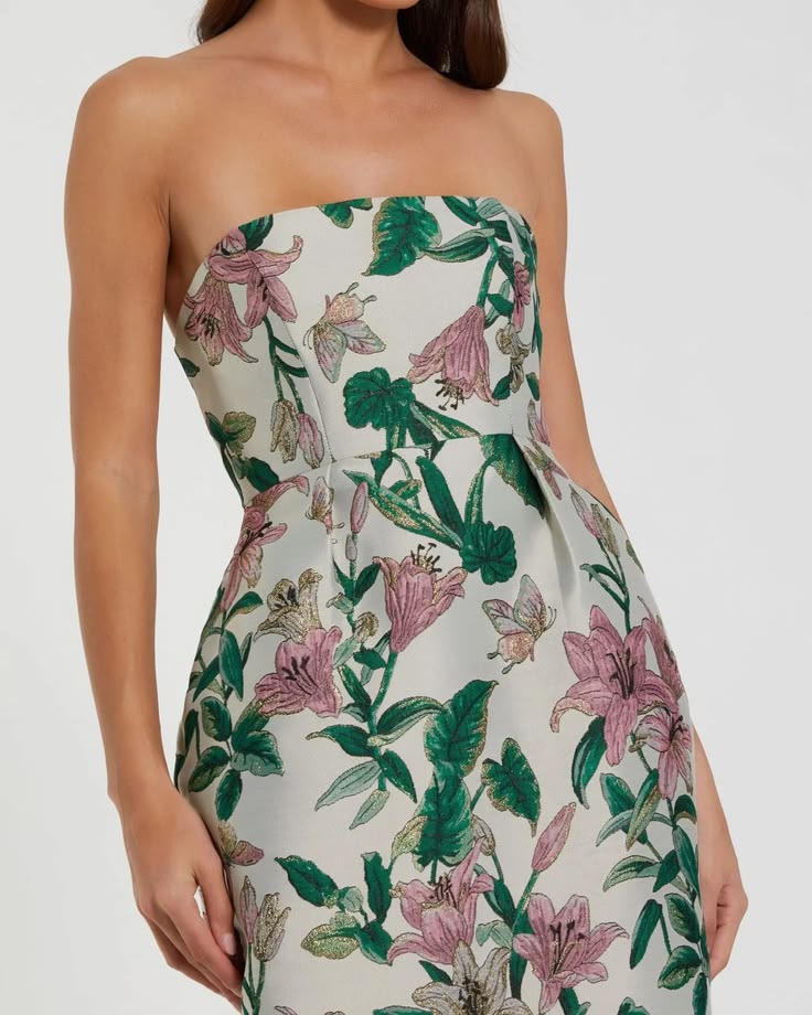 Floral Brocade Strapless Fitted Midi Dress Mac Duggal