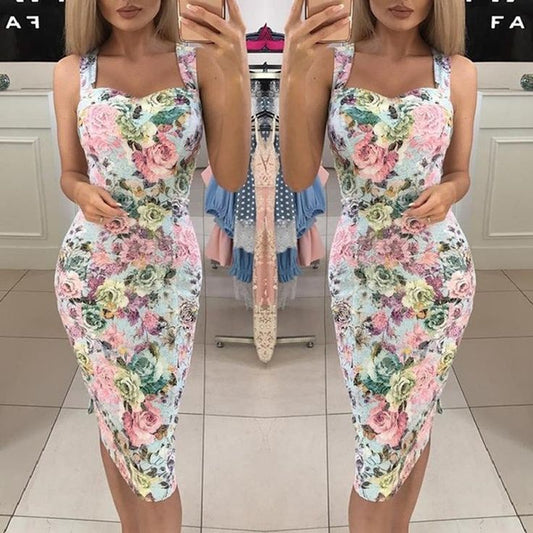 Slim Fit Slimming Spaghetti Straps Printed Dress