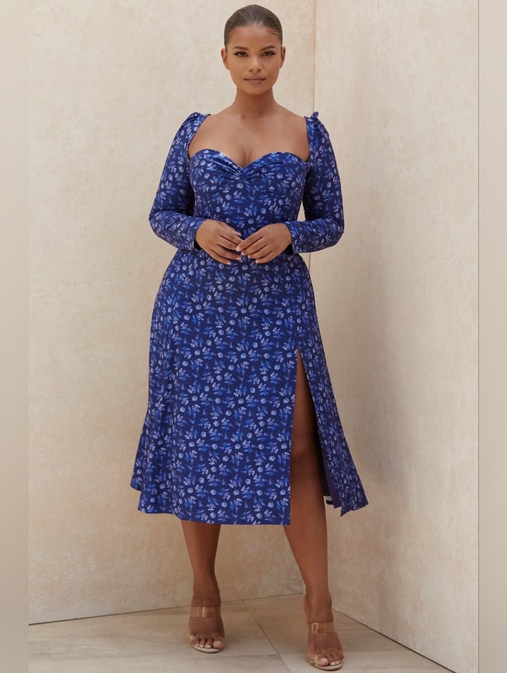 Dress Gaia Sapphire Floral Puff Sleeve Midi Dress Color: Red Size: L