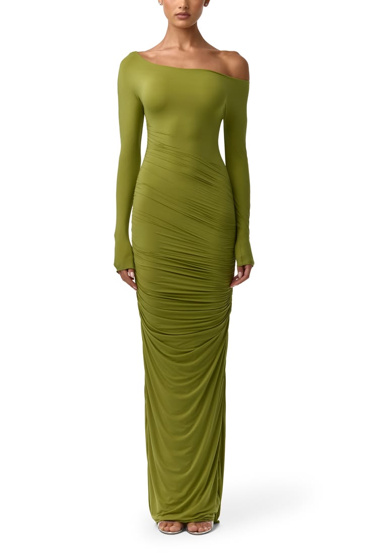 Ruched Off The Shoulder Long Sleeve Maxi Dress (Women)