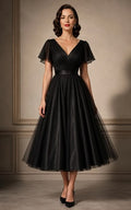 Black V Neck Tulle Flutter Sleeve Tea Length Wedding Dress