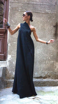 Black Linen Kaftan Maxi Dress: One Shoulder Party Gown - Etsy