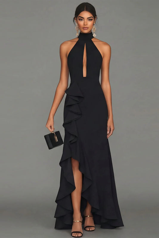 Black Sheath Halter Neck Ruffled Cut Out Long Formal Dress With Slit