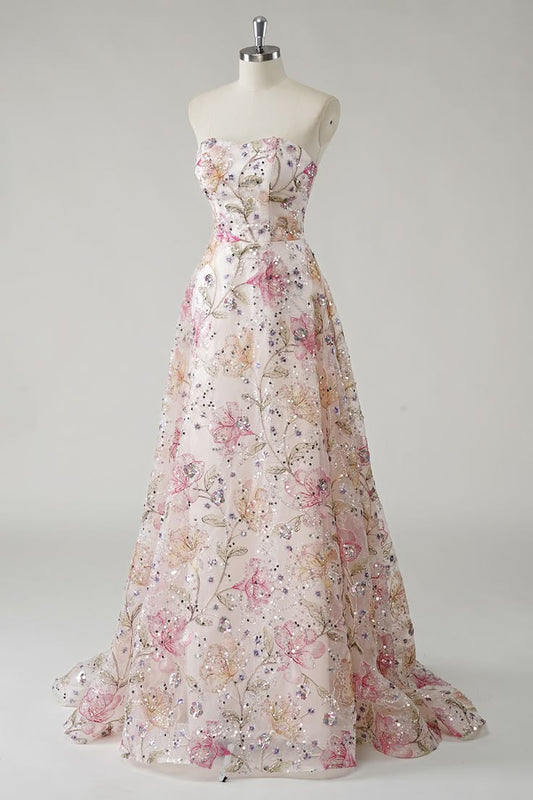 Sparkly Pink A Line Strapless Sequin Floral Long Prom Dress