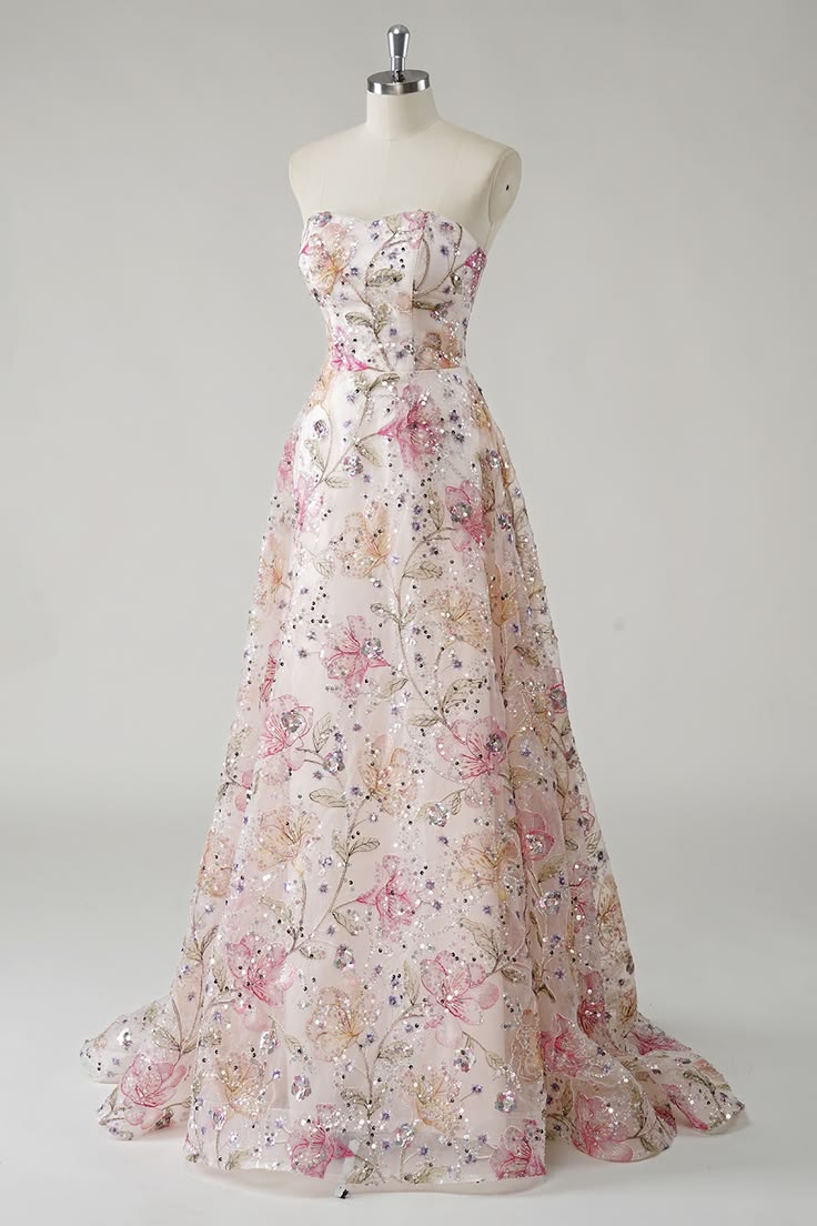 Sparkly Pink A Line Strapless Sequin Floral Long Prom Dress