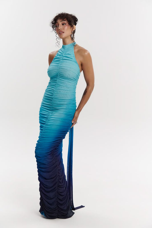 Iris Ruched Halter Maxi Dress