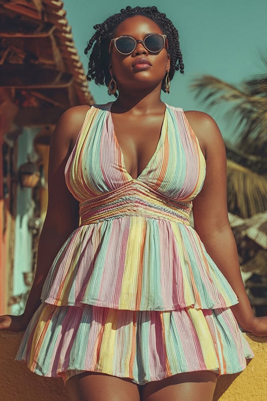 Xpluswear Design Plus Size Beach Multicolor Striped V Neck Ruffle