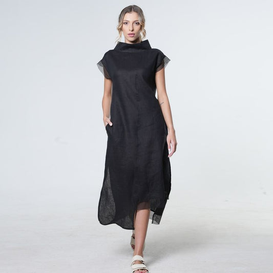 Women's Asymetric Linen Dress In Black Xxxl Metamorphoza