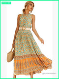 Sleeveless Floral Print Button Up Bohemian Flowy Maxi Dress Color: