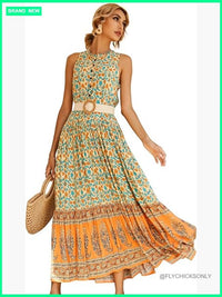 Sleeveless Floral Print Button Up Bohemian Flowy Maxi Dress Color: